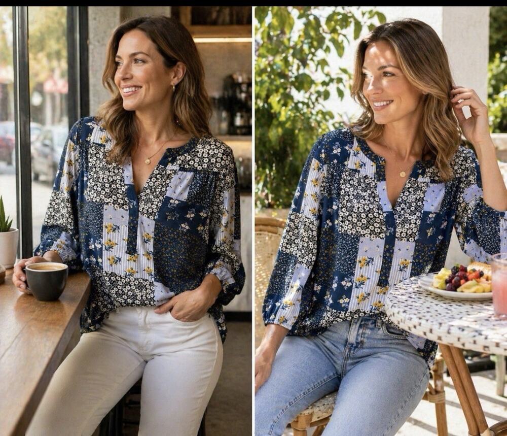 ANN TAYLOR LOFT Blouse M Blue Sheer Patchwork Boho Ditzy Fairy Floral Top